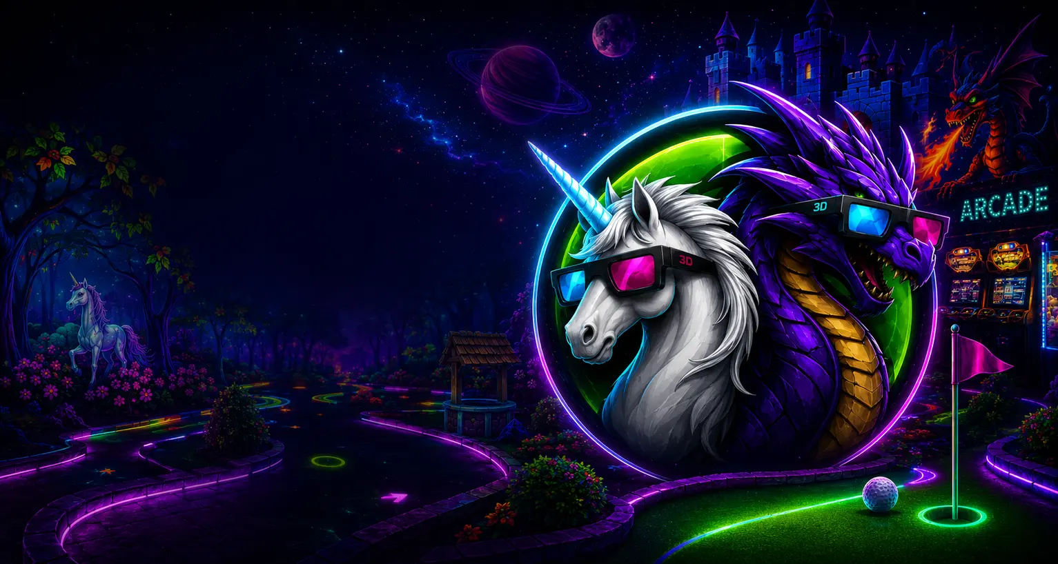 Immersive glowing fantasy blacklight mini golf world