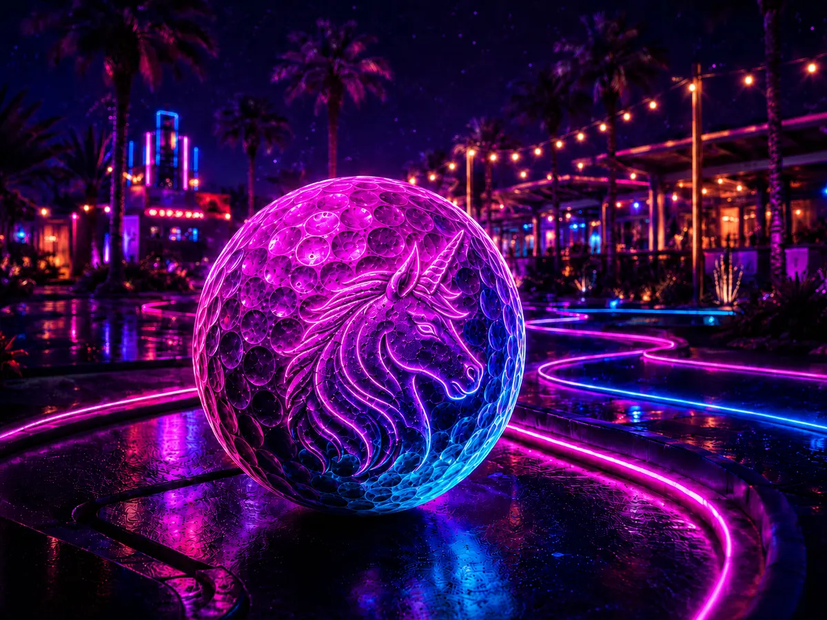 Glowing magenta unicorn golf ball on a neon-lit nightlife course representing the Scottsdale location