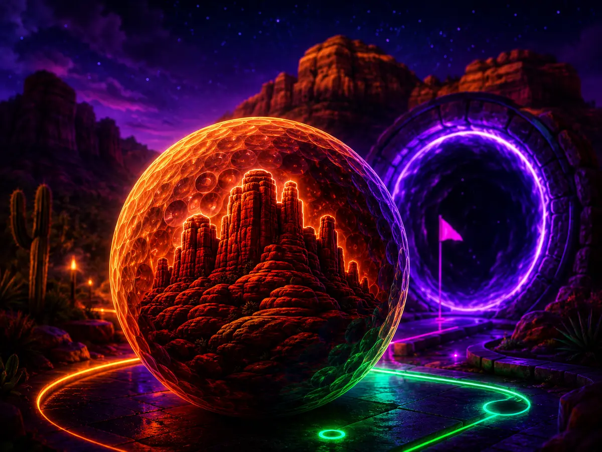 Glowing red rock formation and neon portal representing the Sedona location