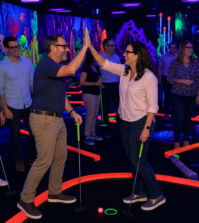 Corporate group enjoying an event at Imagine 3D Mini Golf