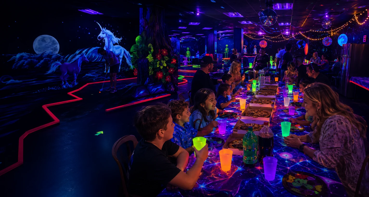 Group celebrating a birthday party at Imagine 3D Mini Golf